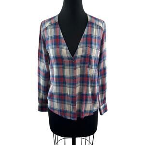 RoseAnna Multicolor Top Cotton Plaid Plunge Neck Pleated Front Button Size 36
